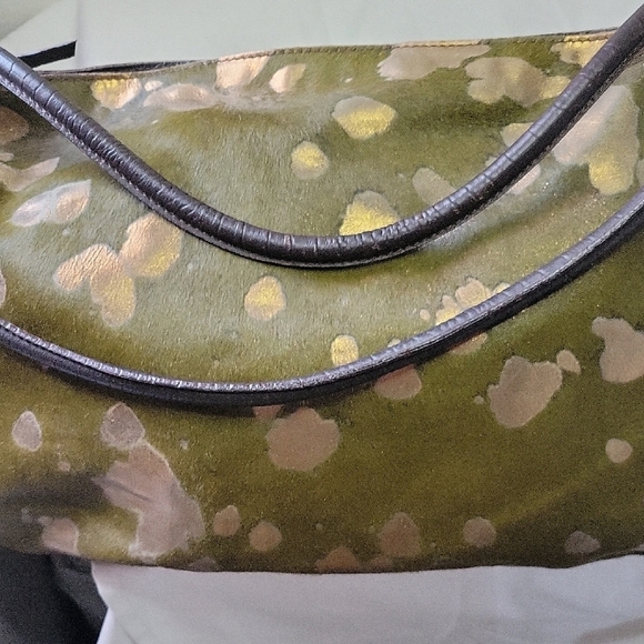 MAURIZIO TAIUTI Made Italy Calf Hair Leather Shoulder Bag Green and Brown - Picture 5 of 13